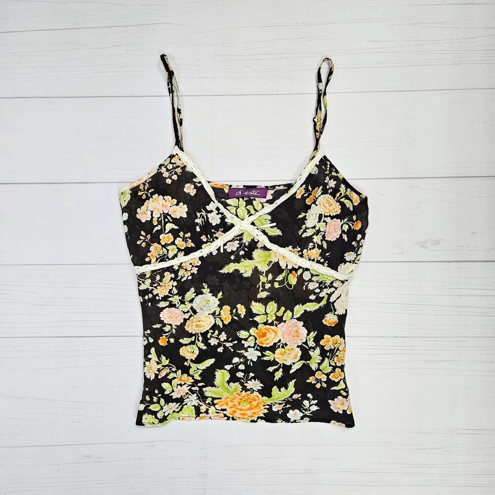 Euro Silk Cami Top Fairycore Sheer Floral Print - Small